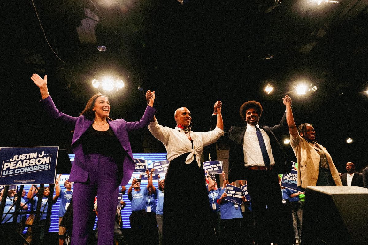 Alexandria Ocasio-Cortez, Justin J. Pearson, Ayanna Pressley, and Summer Lee at Justin J. Pearson's rally in Memphis, TN.