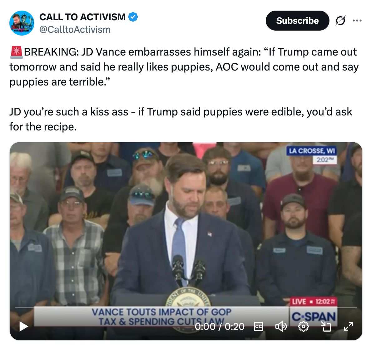 🚨BREAKING: JD Vance embarrasses himself again: “If Trump came out tomorrow and said he really likes puppies, AOC would come out and say puppies are terrible.”