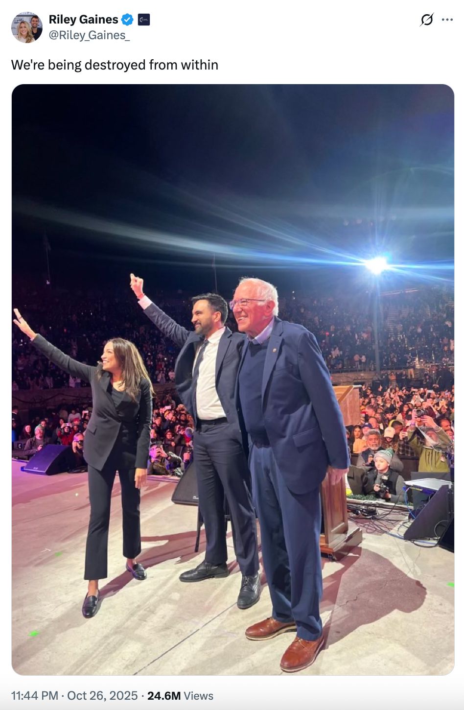 Tweet from right-wing influencer and former NCAA swimmer Riley Gaines: We're being destroyed from within (featuring a picture of Alexandria, Zohran, and Bernie together at the New York is Not for Sale Rally)