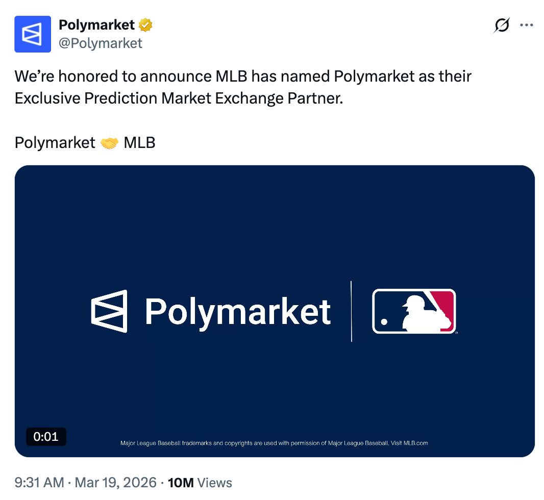 Tweet from Polymarket: We're honored to announce MLB has named Polymarket as their Exclusive Prediction Market Exchange Partner.  Polymarket 🤝 MLB