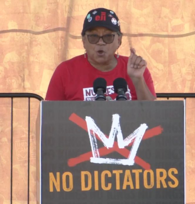 Photo of RN and NNU/CNA president Cathy Kennedy speaking to the No Kings San Francisco crowd.