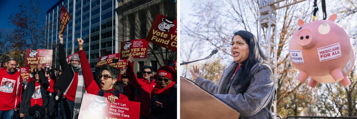 Photos of protesters and a speaker at the DC event