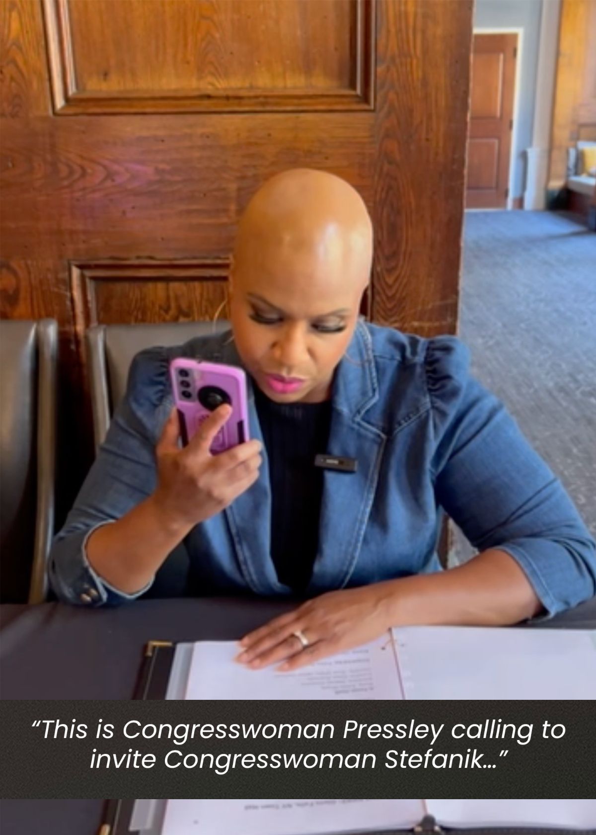 Ayanna Pressley calls Elise Stefanik. Caption: This is congresswoman Pressley calling to invite congresswoman Stefanik
