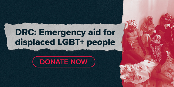 The image shows parts of a RSM community meeting in a red tint. A few people are sitting on the floor. The text reads: DRC: Emergency Aid for displaced LGBT+ people. Donate now