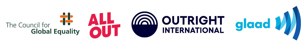 Logos der vier Kampagnenpartner: Council for Global Equality, All Out, Outright International und GLAAD.