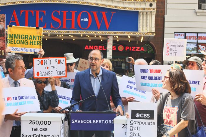 PCCC co-founder Adam Green speaks in front of the Colbert studio.