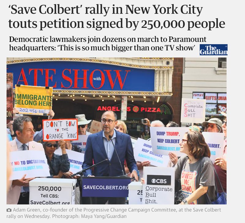 PCCC co-founder Adam Green speaks in front of Colbert's studio