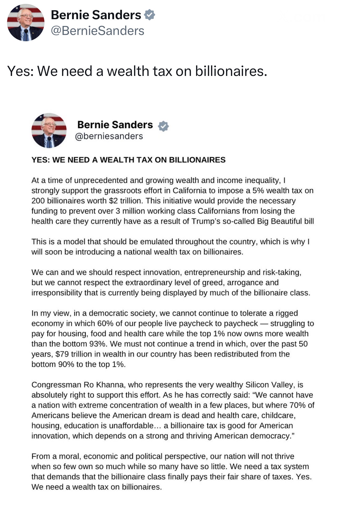 Tweet from Bernie Sanders