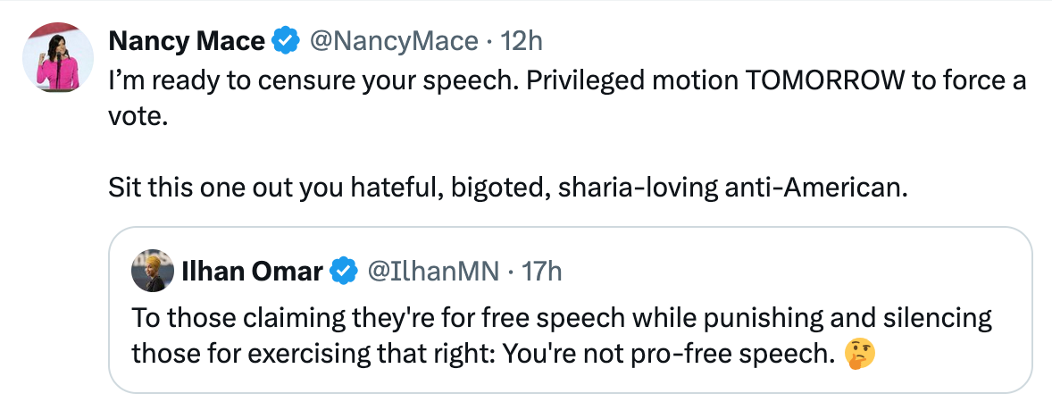 Screenshot of Nancy Mace post about censuring Ilhan Omar.