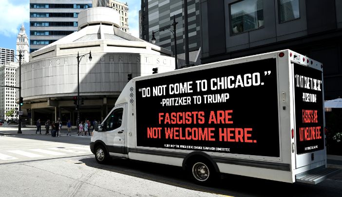 Billboard Truck in Chicago: FASCISTS ARE NOT WELCOME HERE.