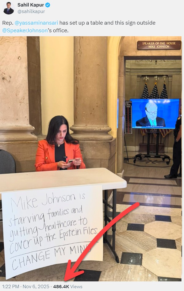 Congresswoman Yassamin Ansari outside Mike Johnson's office with a sign: Mike Johnson is starving families and gutting healthcare to cover up the Epstein Files
