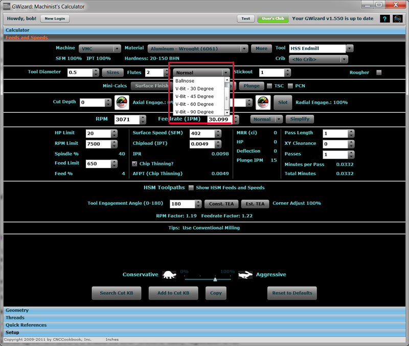G-Wizard Endmill Geometry Menu
