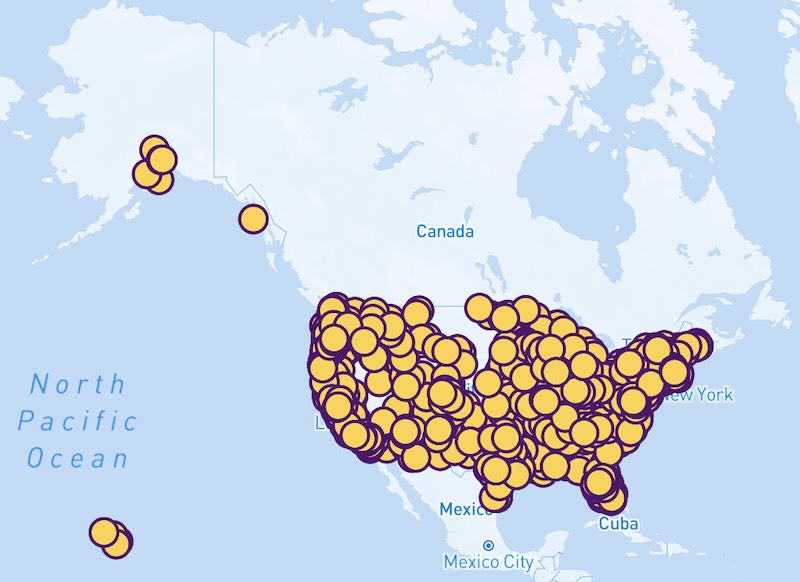Map of the United States covered in pin-drops identifying events all across the country