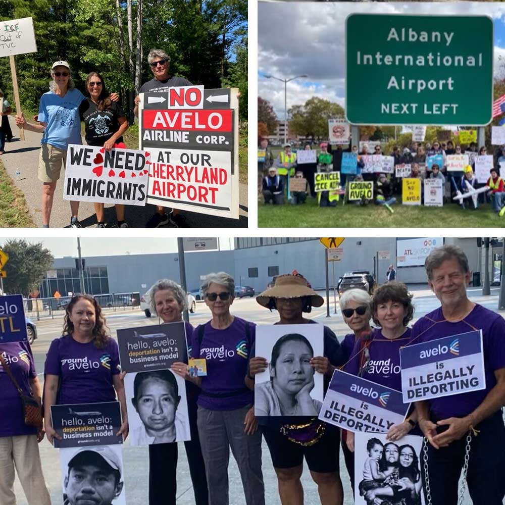 A collage of Indivisible activists at Avelo protests