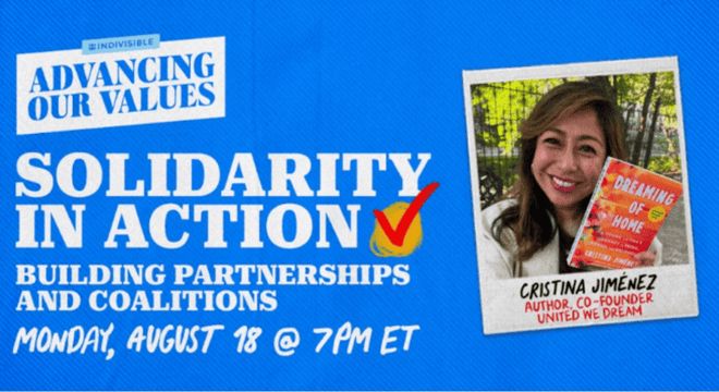Digital flier for the Solidarity in Action session on building partnerships and coalitions on August 18 at 7 PM ET -- Click to learn more and sign up