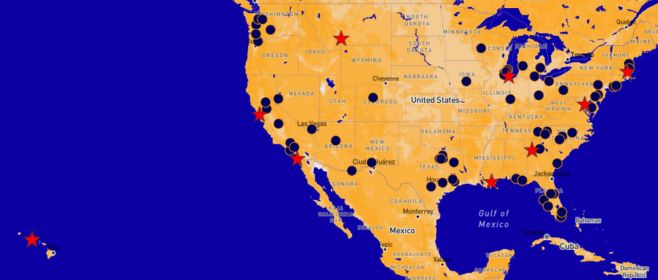 Map of the United States covered in dozens of blue dots, each representing a local No Kings Day event on October 18 -- Click to browse events in your area