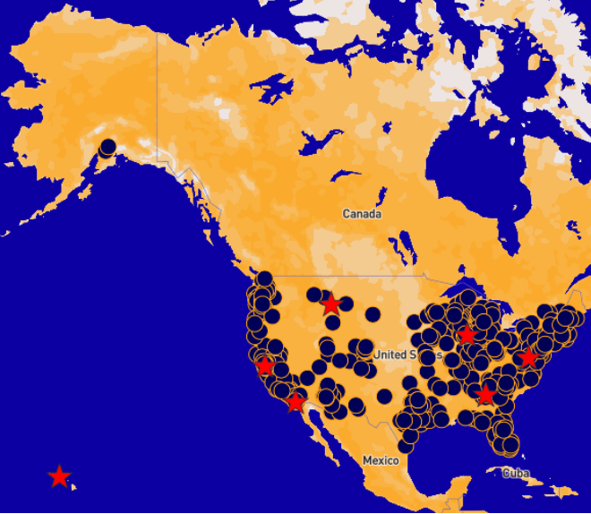 Map of the United States covered in dozens of blue dots, each representing a local No Kings Day event on October 18 -- Click to browse events in your area