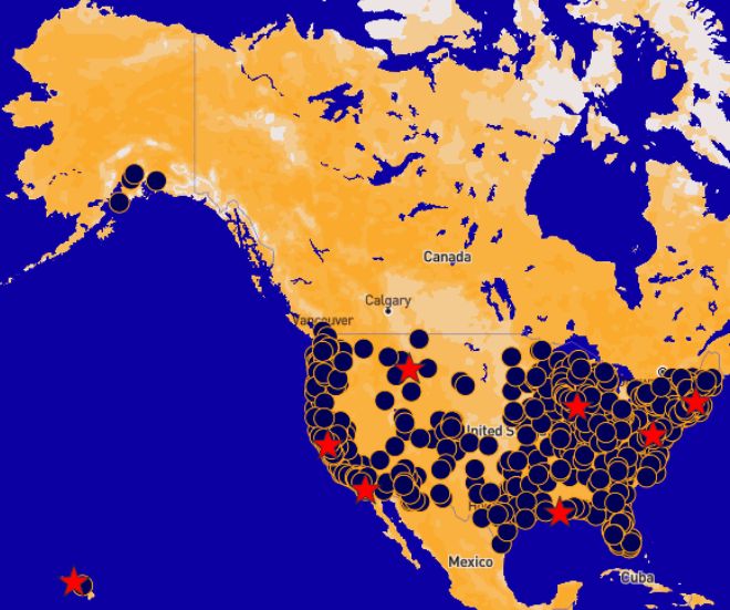 Map of the United States covered in dozens of blue dots, each representing a local No Kings Day event on October 18 -- Click to browse events in your area
