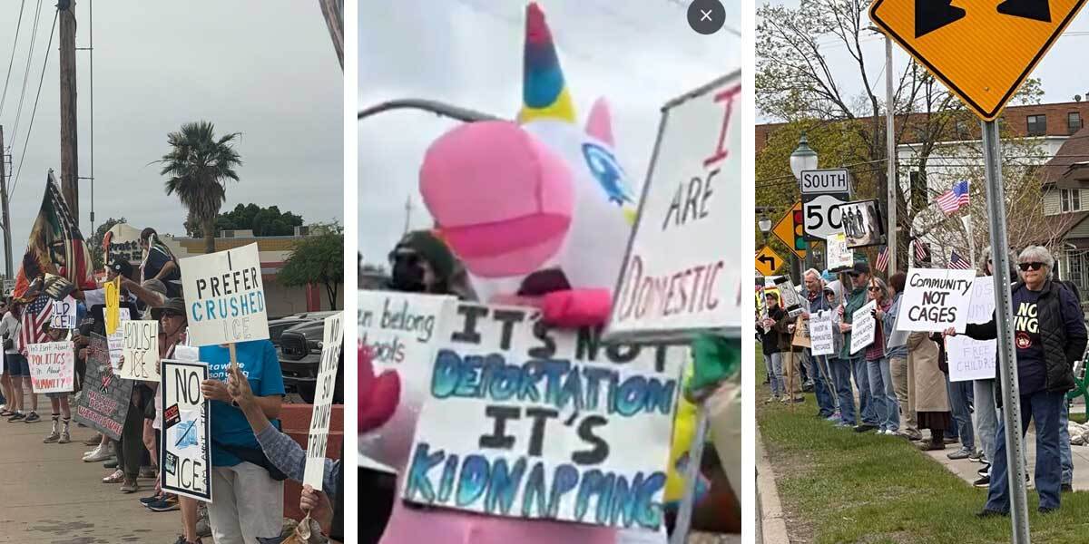 a collage of pictures of Indivsibles at Communities Not Cages events. One is wearing an inflatable unicorn costume. Several signs are visible. Some of them read I PREFER CRUSHED ICE, IT'S NOT DEPORTATION IT'S KIDNAPPING, & COMMUNITIES NOT CAGES