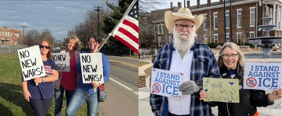 two images of Indivisible Danville members holding signs. In one they read read NO NEW WARS and in the other I STAND AGAINST ICE and Love thy neighbor