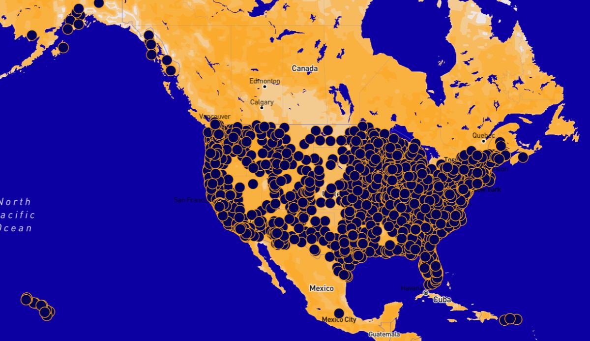 Map of North America with dots representing the more than 3000 No Kings 3 events.