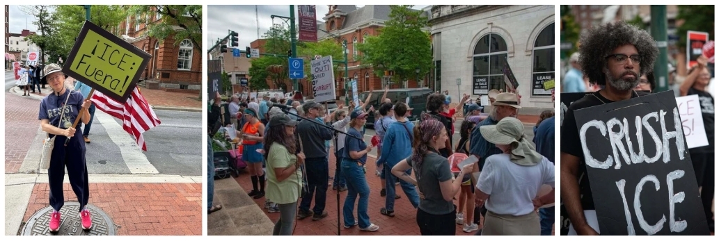 A collage of photos from protests against the ICE facility. The first shows someone with an ICE fuera! sign. The next shows a number of demonstrators on the street. The final shows a protester with a crush ICE sign.