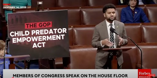 Rep. Frost speaking on the House floor with a poster that reads 'The GOP Child Predator Empowerment Act'