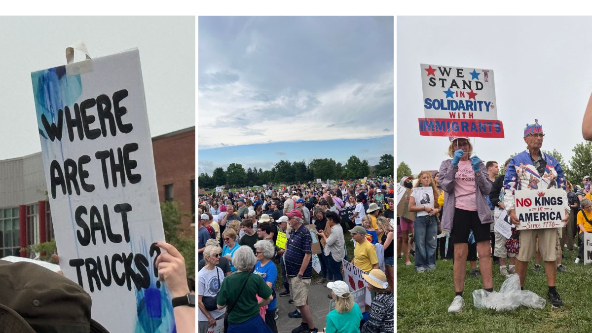 Images from August 1 protest including Where are the salt trucks sign, protest crowd, and We stand in solidarity with immigrants poster