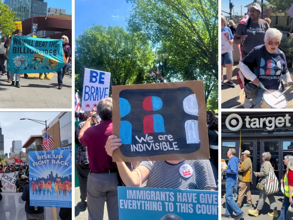A collage of pictures from May Day events. They include signs that read We will beat the billionaires, Rise up fight back, and We are Indivisible