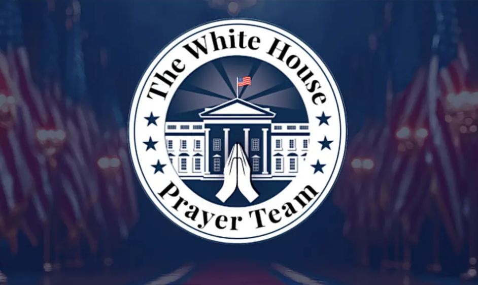 The White House Prayer Team logo amid a backdrop of flags.