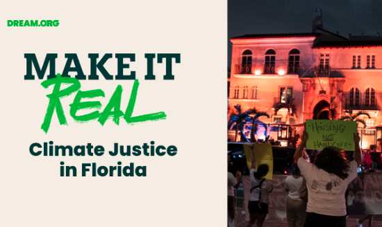 Email banner that says ''Make it Real'' accompanied by a photo of people holding signs in support of climate justice 