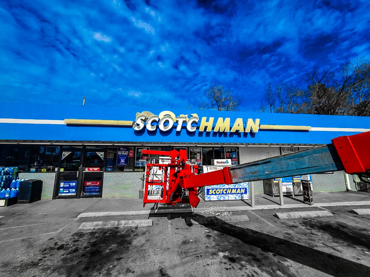 Scotchman convenience store channel letters mounted above the storefront canopy.