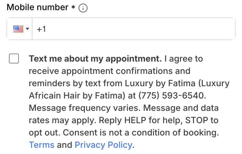 The booking form's text message consent box, unticked