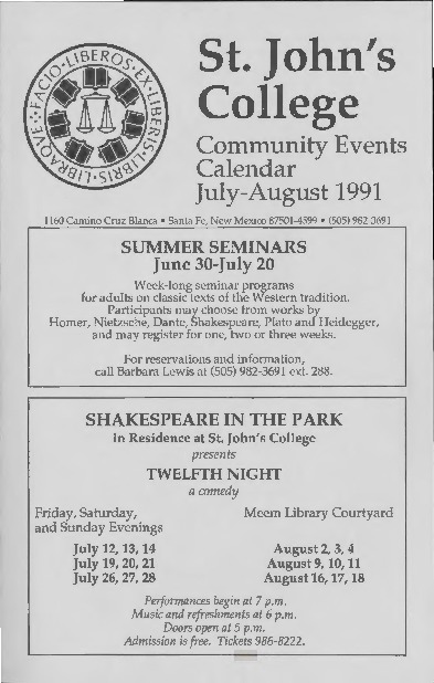 Santa Fe Community Calendar, June 1991 - July 1991 · St. John's College Digital Archives