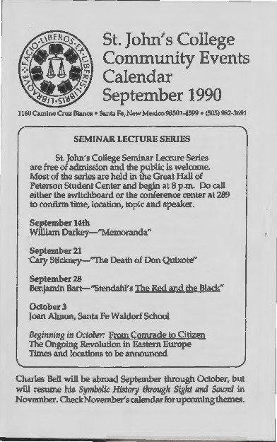 Santa Fe Community Calendar, October 1991 · St. John's College Digital Archives