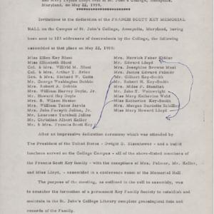 Minutes of a Meeting of Descendents of Francis Scott Key and Mary Tayloe Lloyd held at St. John's College, Annapolis, Maryland, on May 22, 1959.