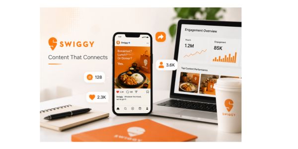 A smartphone displaying a Swiggy social media post alongside a laptop showing high engagement metrics like 1.2M reach and 85K engagement.