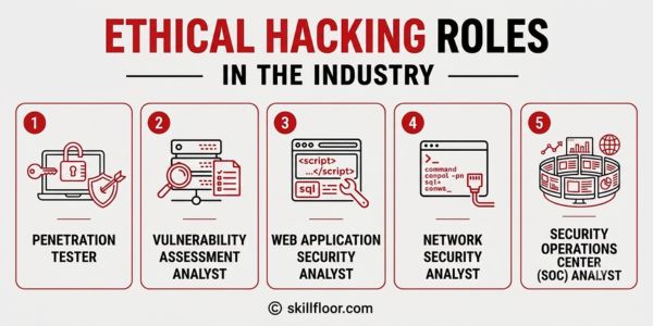Ethical hacking applications used across different cybersecurity career roles and professional responsibilities.