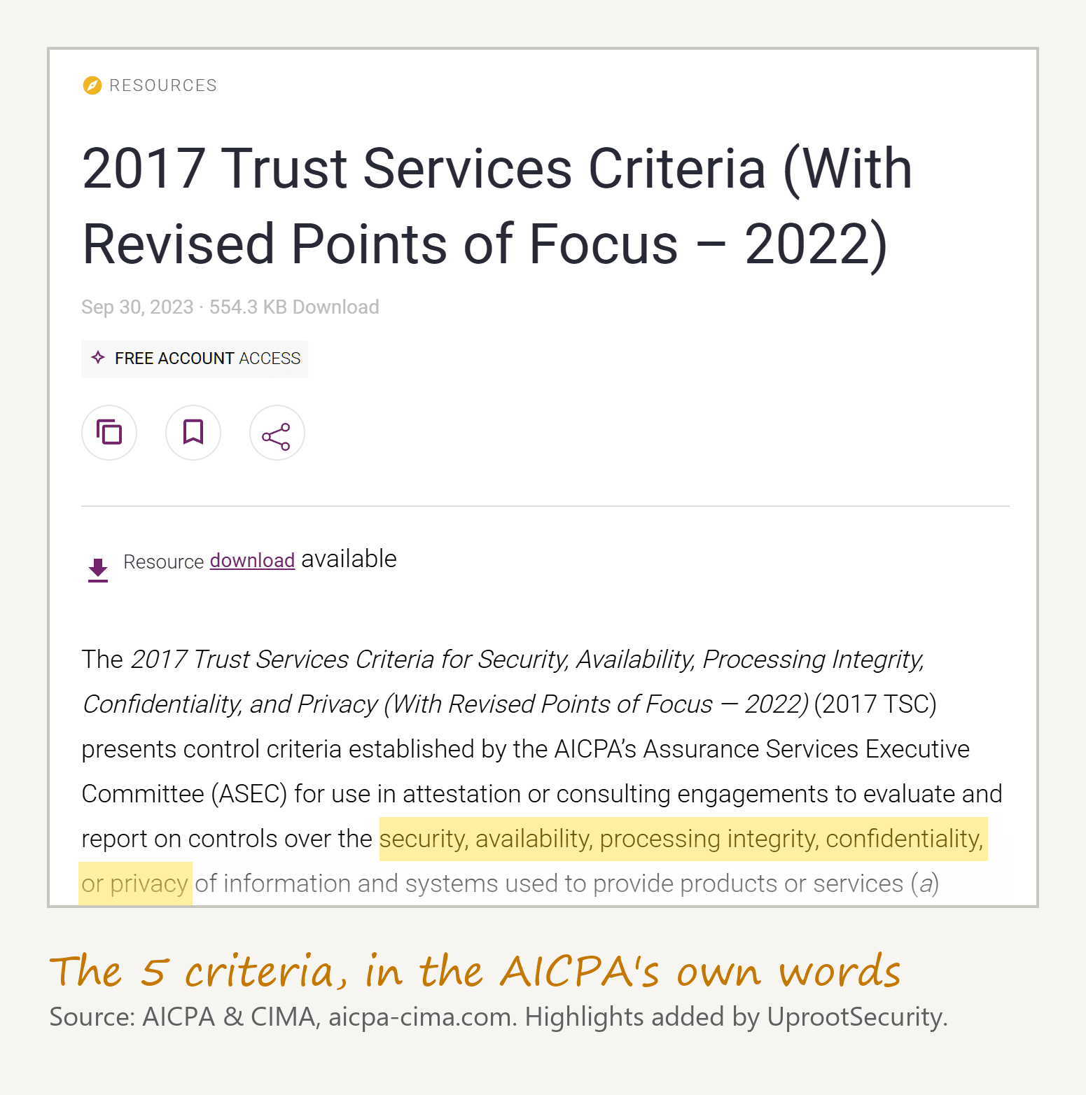 AICPA download page for the 2017 Trust Services Criteria, with the 5 SOC 2 trust services criteria highlighted