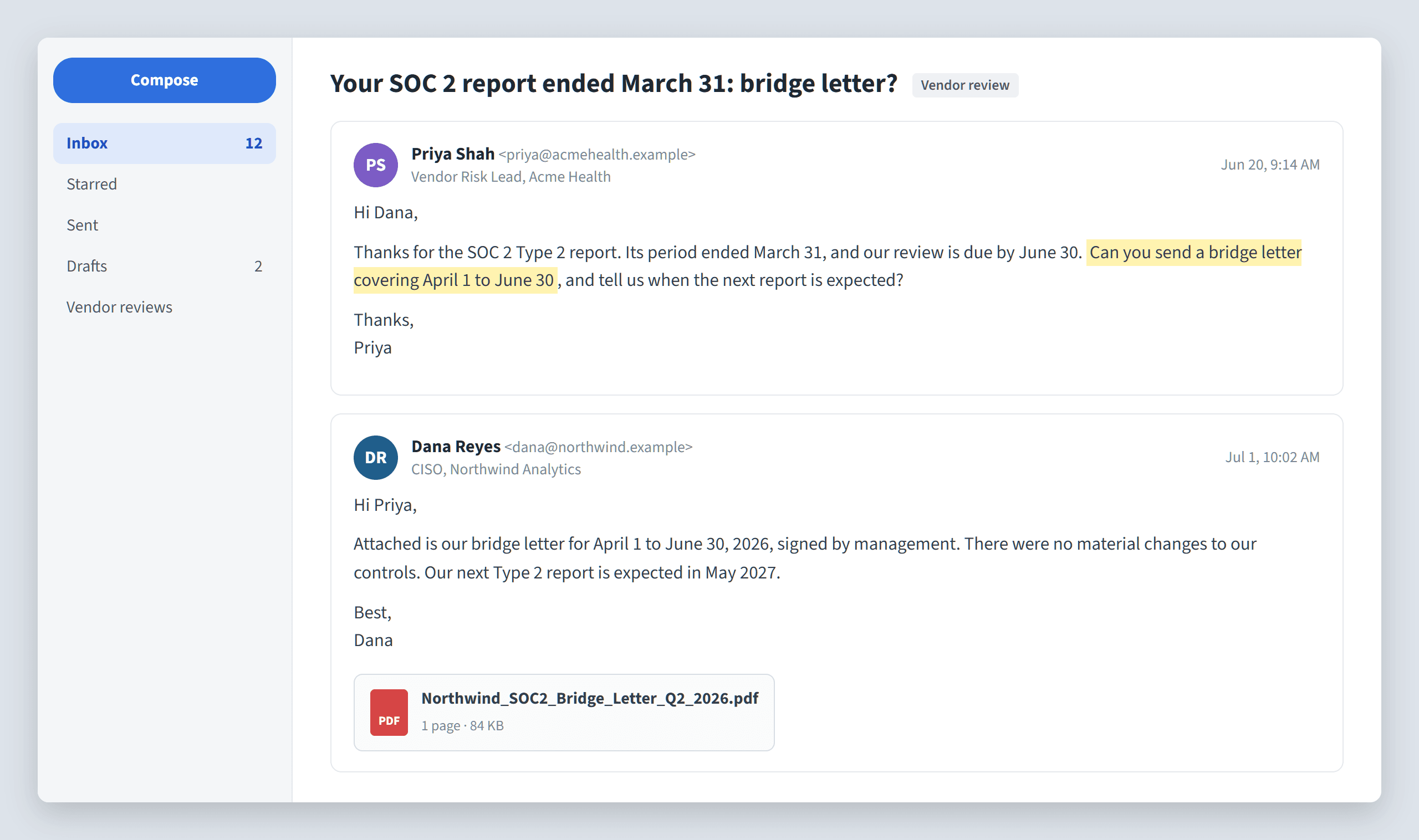 Customer security review email asking a vendor for its latest SOC 2 report and a bridge letter