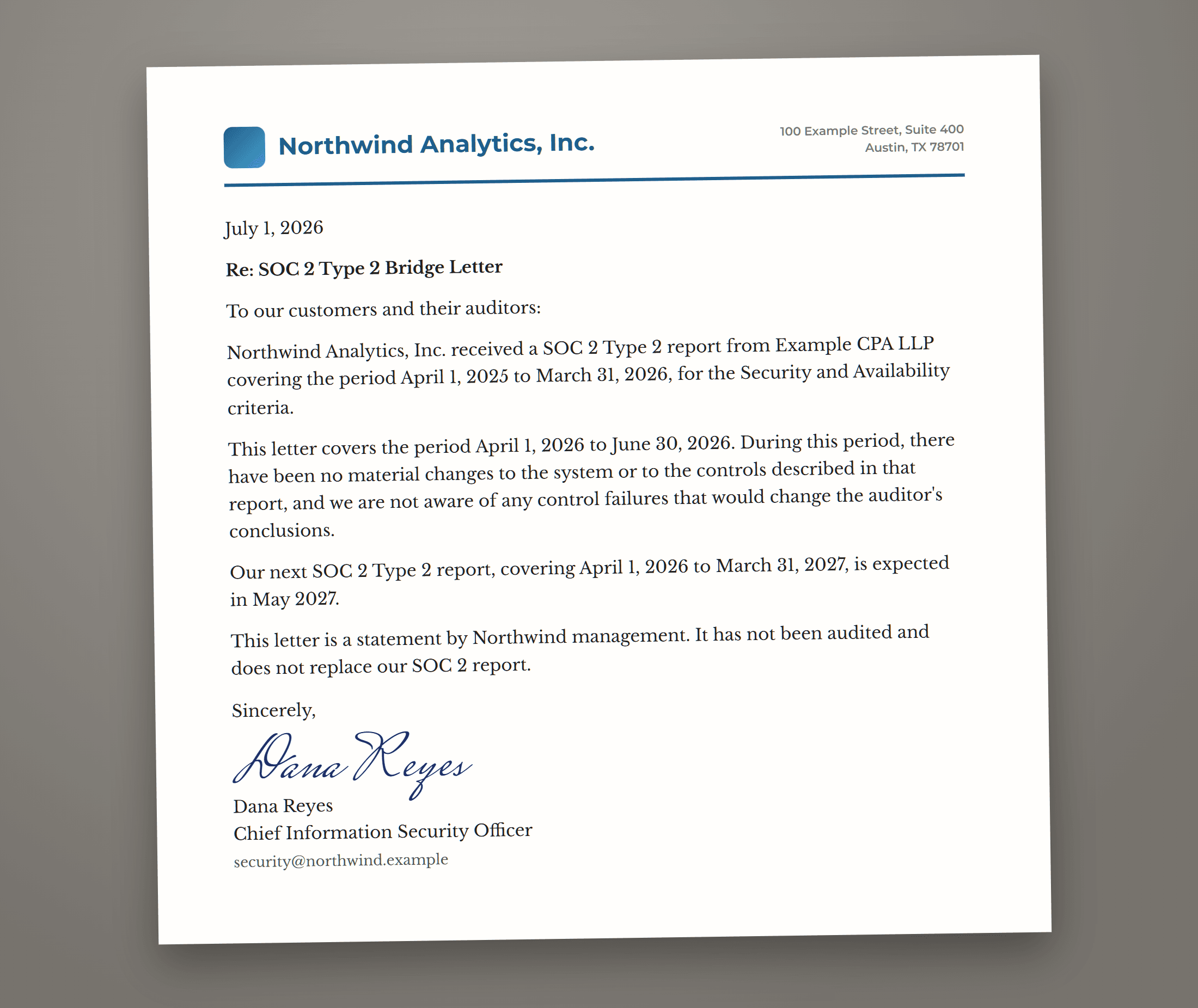 SOC 2 bridge letter example on letterhead for the fictional company Northwind Analytics, signed by management