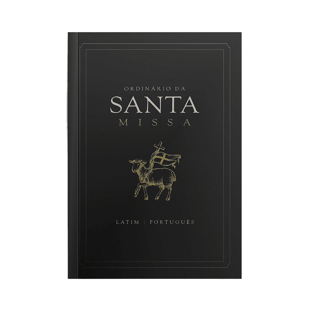 Capa do livro 'Ordinário da Santa Missa' em latim e português, com ilustração dourada do Cordeiro de Deus portando o estandarte da Ressurreição.