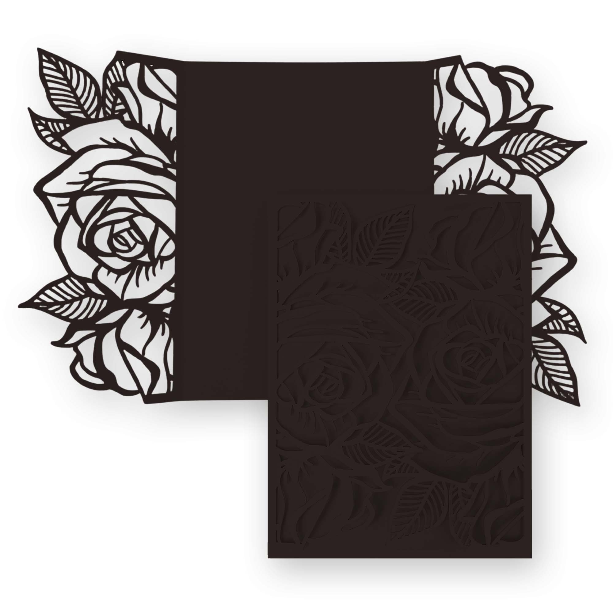 Rose Laser Cut Invitation Gate Fold - 5 x 7 Ebony Matte 111C