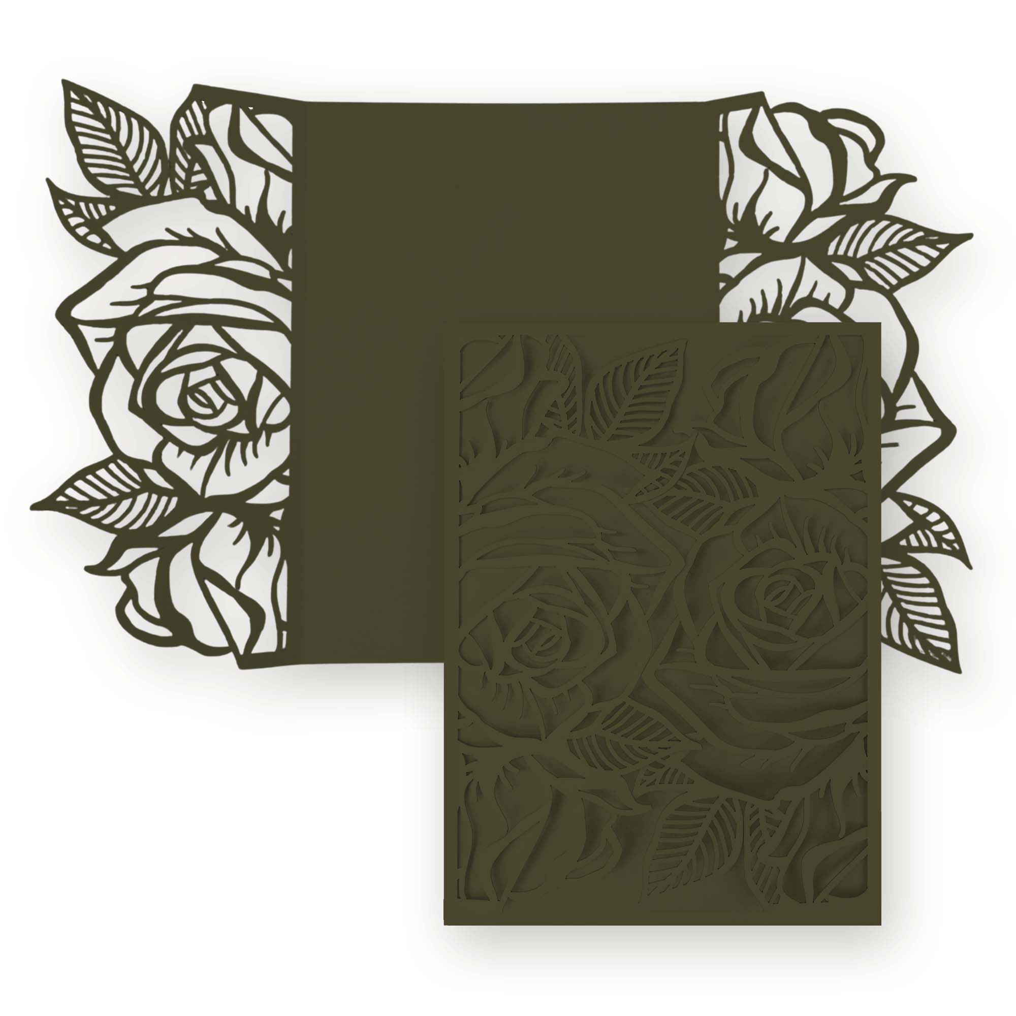 Rose Laser Cut Invitation Gate Fold - 5 x 7 Forest Green Matte 111C