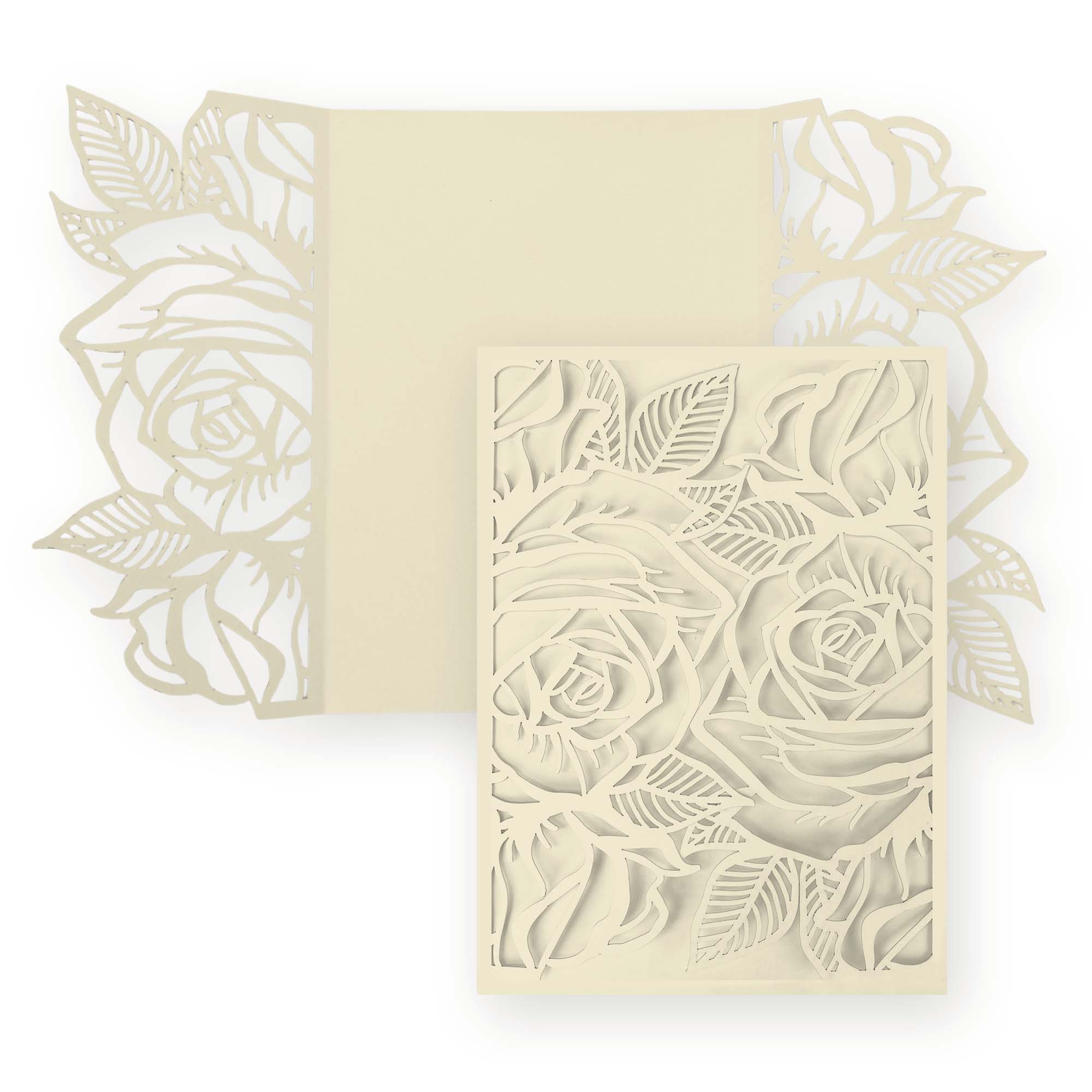 Rose Laser Cut Invitation Gate Fold - 5 x 7 Wedding Cream Matte 111C