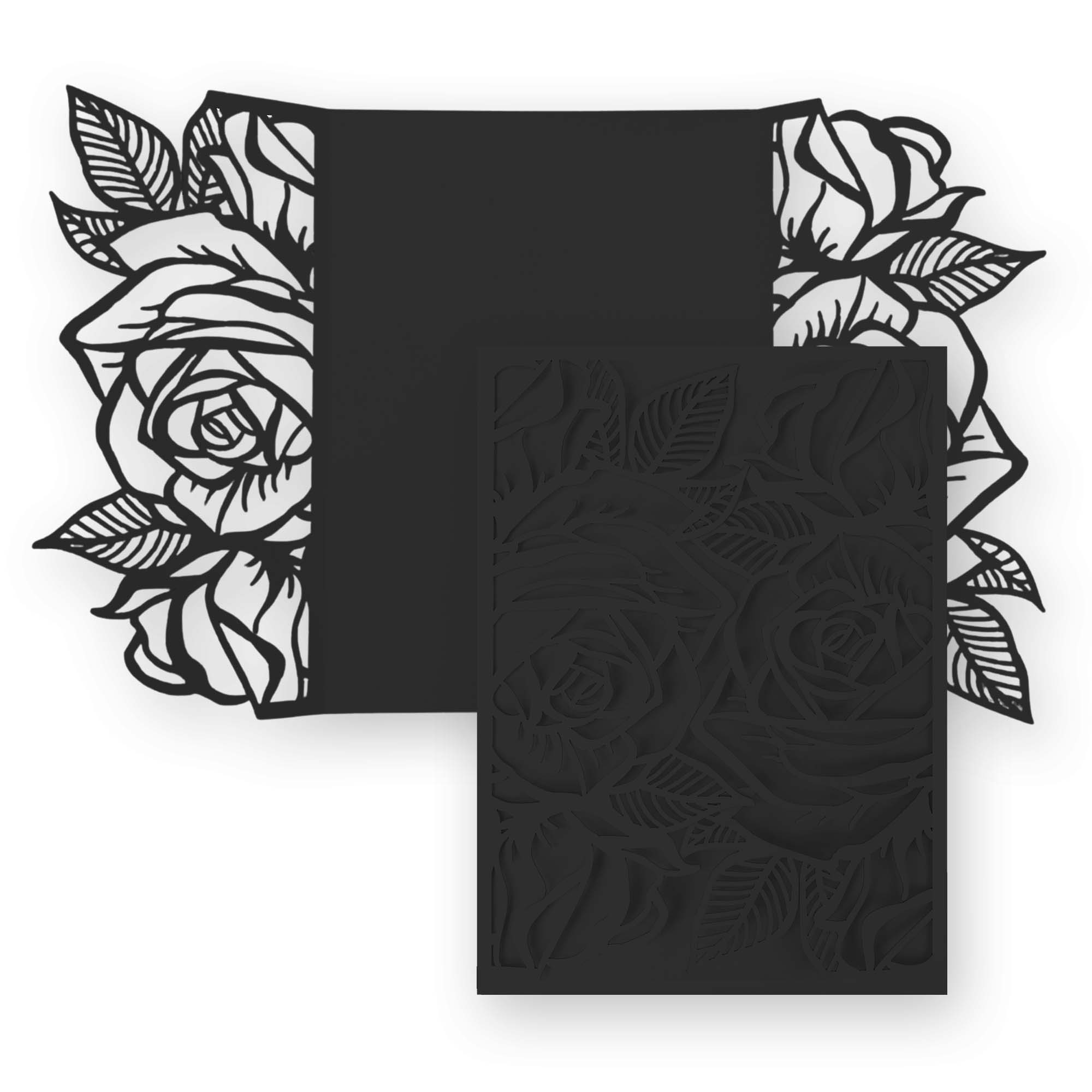 Rose Laser Cut Invitation Gate Fold - 5 x 7 Licorice Black Matte 111C