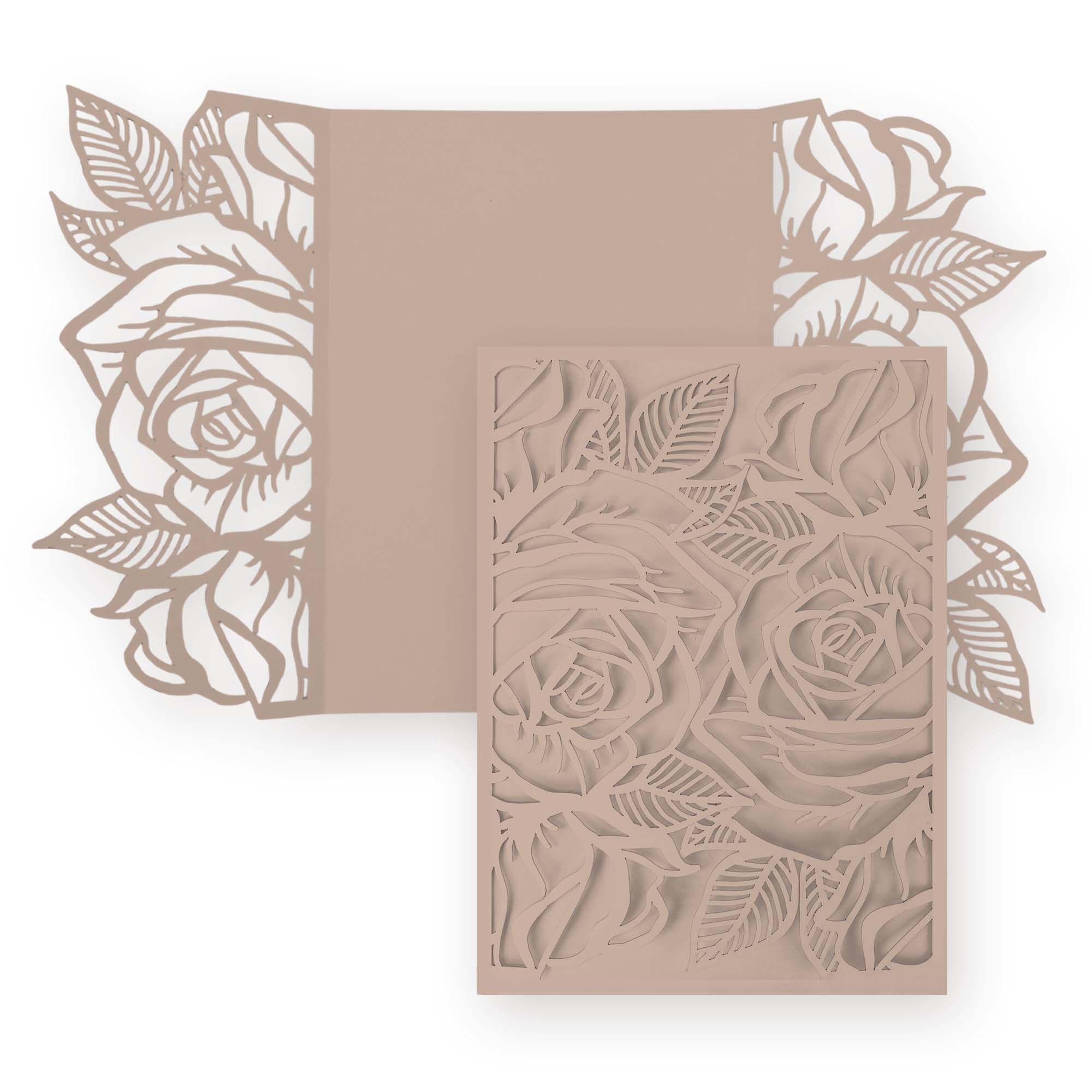 Rose Laser Cut Invitation Gate Fold - 5 x 7 Sandy Beige Matte 111C