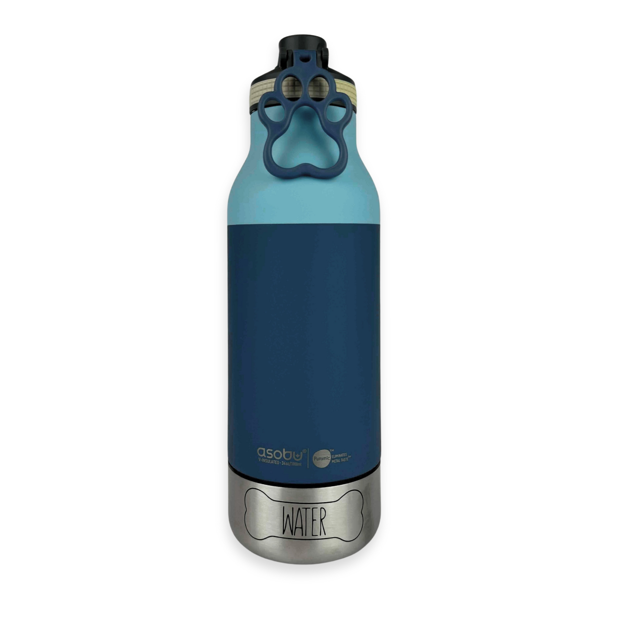 Light & Dark Blue Personalized Travel Water Bottle for Dog with Detachable Bowls