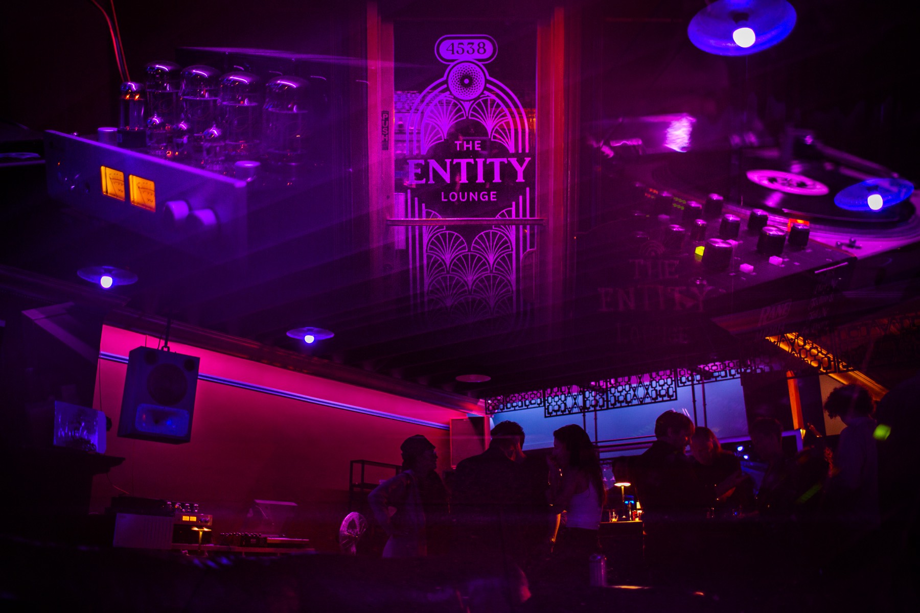 The listening room in blue and magenta light