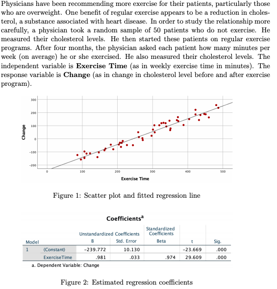 Physicians have been recommending more exercise for their patients, particularly those<br>who are overweight. One benefit of regular exercise appears to be a reduction in choles-<br>terol, a substance associated with heart disease. In order to study the relationship more<br>carefully, a physician took a random sample of 50 patients who do not exercise. He<br>measured their cholesterol levels. He then started these patients on regular exercise<br>programs. After four months, the physician asked each patient how many minutes per<br>week (on average) he or she exercised. He also measured their cholesterol levels. The<br>independent variable is Exercise Time (as in weekly exercise time in minutes). The<br>response variable is Change (as in change in cholesterol level before and after exercise<br>program).<br>300<br>200<br>100<br>-100<br>-200<br>100<br>200<br>300<br>400<br>500<br>Exercise Time<br>Figure 1: Scatter plot and fitted regression line<br>Coefficients<br>Standardized<br>Coefficients<br>Unstandardized Coefficients<br>Model<br>B<br>Std. Error<br>Beta<br>Sig.<br>1<br>(Constant)<br>-239.772<br>10.130<br>-23.669<br>.000<br>ExerciseTime<br>.981<br>.033<br>.974<br>29.609<br>.000<br>a. Dependent Variable: Change<br>Figure 2: Estimated regression coefficients<br>Change<br>